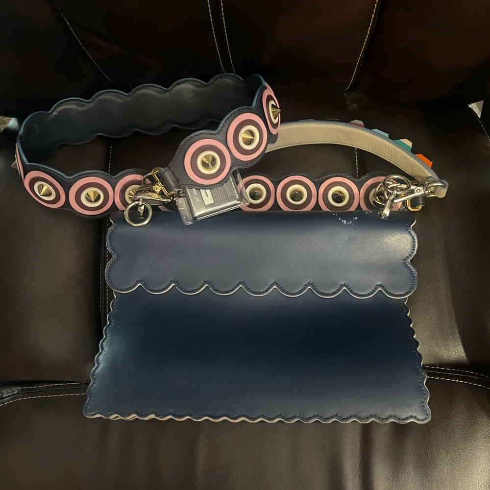 Fendi Kan Navy Blue Scalloped Floral Embellished Shoulder Bag with Pink Accents - Picture 5 of 12